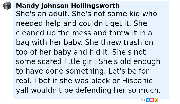 Screenshot of a social media post discussing motherhood and hiding a baby&rsquo;s body in a closet.