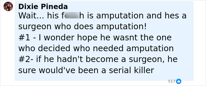 Screenshot of a social media comment discussing a surgeon who intentionally had his own legs amputated. Screenshot of a social media comment discussing a surgeon who intentionally had his own legs amputated.