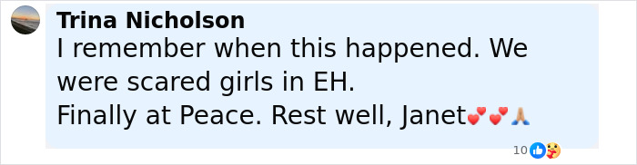 Comment from Trina Nicholson recalling a traumatic cold case after 52 years, expressing peace and rest for Janet.