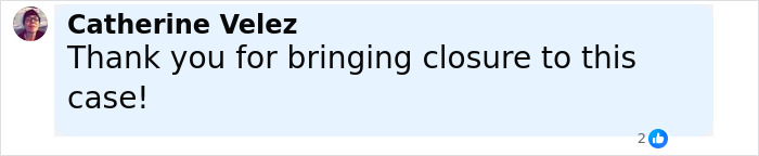 Facebook comment from Catherine Velez thanking police for bringing closure to a brutal cold case solved after 52 years.