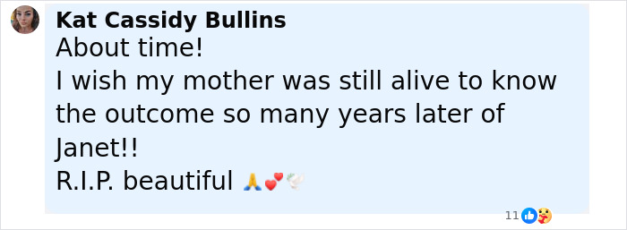 Facebook comment expressing relief and sadness after police solve a brutal cold case that haunted many for decades.