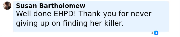 Facebook comment praising police for solving cold case after 52 years, related to mom's last wish and brutal crime.