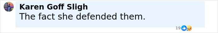 Comment by Karen Goff Sligh stating "The fact she defended them" with reaction emojis on social media post.