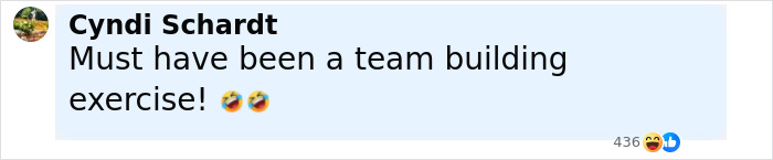 Comment by Cyndi Schardt joking about team building, including laughing emojis, related to Kristin Cabot Coldplay scandal.