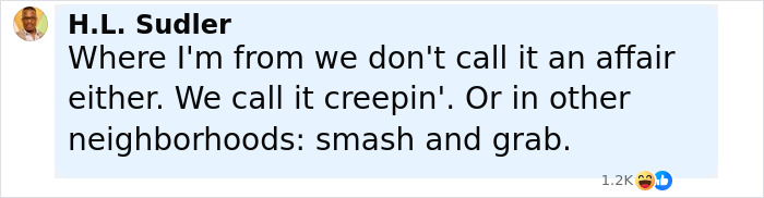 Comment by H.L. Sudler humorously discussing Kristin Cabot Coldplay scandal involving Andy Byron with playful reactions.