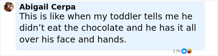 Text message from Abigail Cerpa joking about a toddler denying eating chocolate despite evidence, sparking hilarious reactions.