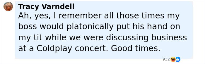 Comment by Tracy Varndell referencing a Coldplay concert in a discussion related to Kristin Cabot and Andy Byron scandal.
