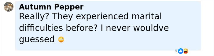 Comment by Autumn Pepper expressing surprise about marital difficulties in a social media post discussing Kristin Cabot divorce news.