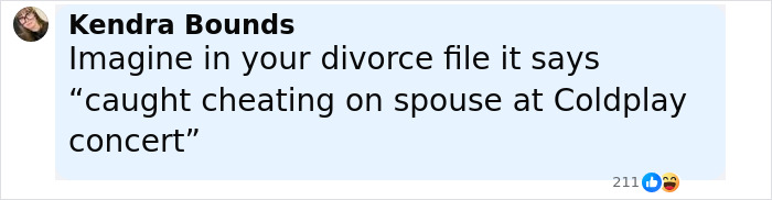 Social media post by Kendra Bounds joking about divorce and Coldplay kiss cam scandal involving spouse cheating.