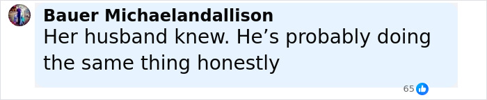 Facebook comment from Bauer Michaelandallison discussing husband's awareness related to Coldplay Kiss Cam scandal and Kristin Cabot divorce.