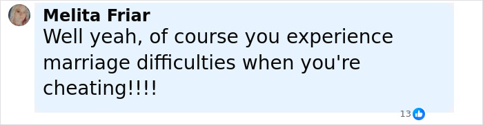 Comment by Melita Friar discussing marriage difficulties linked to cheating, visible on a social media platform.