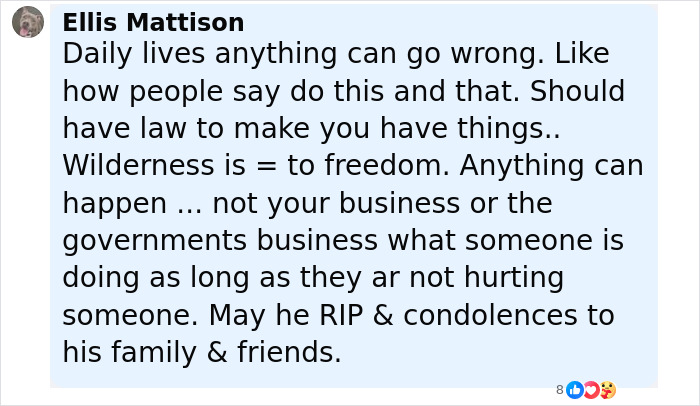 Comment by Ellis Mattison expressing condolences and thoughts on wilderness freedom after hiker’s tragic last text revealed. Comment by Ellis Mattison expressing condolences and thoughts on wilderness freedom after hiker’s tragic last text revealed.