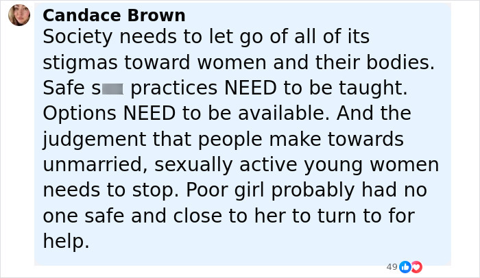 Comment by Candace Brown on social media post about motherhood and stigmas faced by young women regarding safe practices.