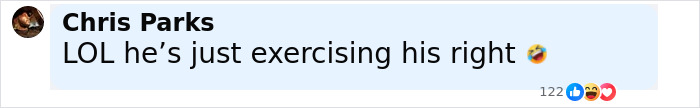 Comment by Chris Parks saying LOL he's just exercising his right with laughing emoji in a social media post.
