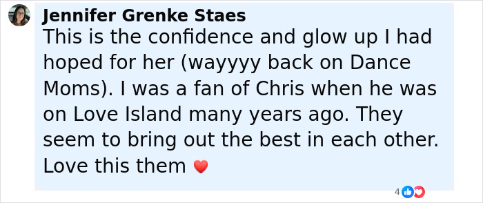 Comment by Jennifer Grenke Staes expressing admiration for JoJo Siwa's confidence and glow up since Dance Moms.