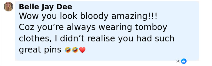 Screenshot of a social media comment praising JoJo Siwa's gold mini dress look and her surprising style transformation.