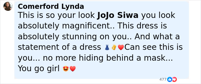 Comment praising JoJo Siwa&rsquo;s gold mini dress look and expressing admiration after her marriage plans confession