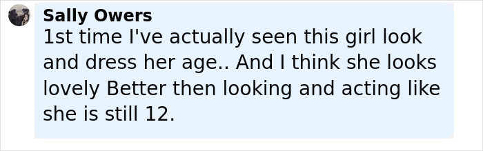 Text comment from Sally Owers complimenting a girl's mature and lovely appearance, reflecting JoJo Siwa's gold mini dress look.