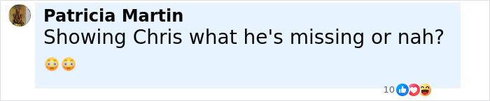 Screenshot of a social media comment by Patricia Martin asking if Chris is missing out, with emoji reactions.