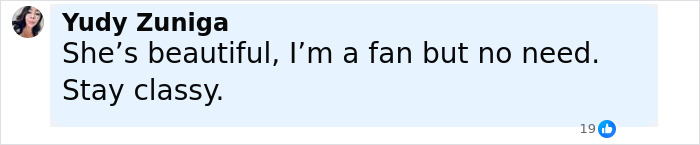 Comment by Yudy Zuniga expressing admiration but advising to stay classy in response to Braless Dakota Johnson&rsquo;s sheer Gucci dress at Zurich Film Festival.