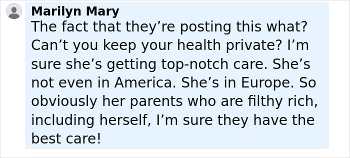 Comment from Marilyn Mary expressing concerns about privacy and care for Yolanda Hadid's daughter Bella amid struggles with darkness and pain.