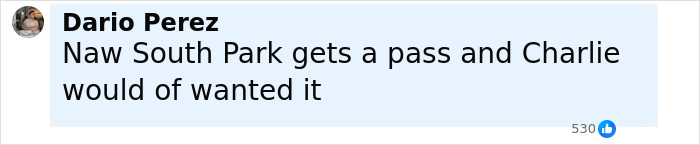 Facebook comment from Dario Perez criticizing South Park and mentioning Charlie Kirk amid viewer outrage over the eerie episode.