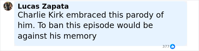 User comment about South Park viewers enraged over eerie episode about Charlie Kirk, expressing defense of the parody shown.