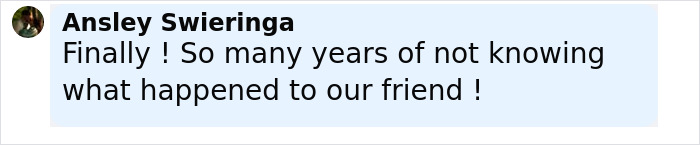 Comment from Ansley Swieringa expressing relief about a major breakthrough in cold case of boy after anonymous letter.