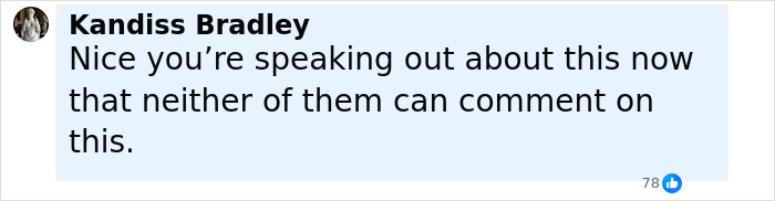 Comment by Kandiss Bradley discussing Priscilla Presely speaking out about Lisa Marie and Michael Jackson's intimate life.