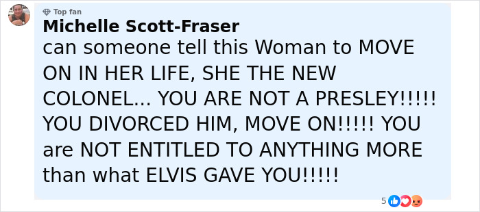 Comment by Michelle Scott-Fraser expressing strong opinions about Presley, Lisa Marie, and Michael Jackson's intimate life.