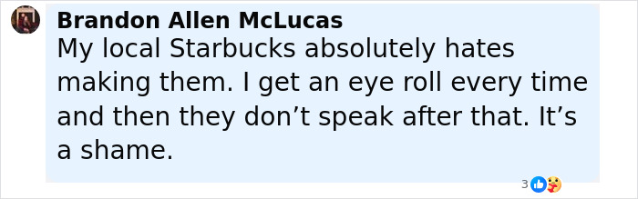 Comment from Brandon Allen McLucas sharing frustration about Starbucks baristas' attitude when making Charlie Kirk's favorite drink.