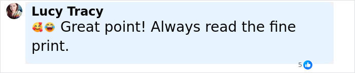 Comment by Lucy Tracy on social media, emphasizing the importance of reading the fine print carefully.