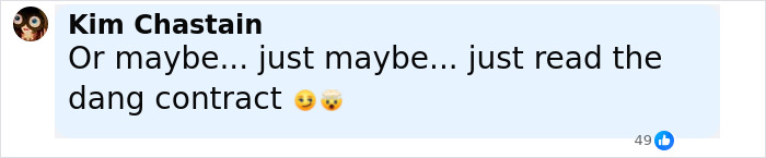 Comment by Kim Chastain suggesting to read the contract, with emojis and 49 likes visible.