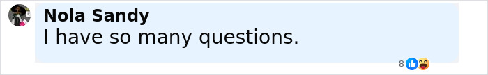 Text comment by Nola Sandy saying "I have so many questions," related to conjoined twin and husband discussing intimacy in their marriage.