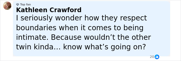Comment on social media post questioning how conjoined twin and husband respect boundaries regarding intimacy in marriage.