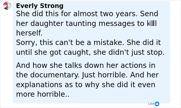 Comment discussing a mom who anonymously sent lewd texts to her daughter for nearly two years before sentencing. Comment discussing a mom who anonymously sent lewd texts to her daughter for nearly two years before sentencing.