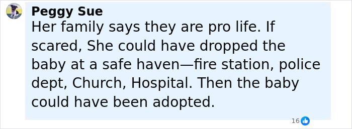 Comment discussing pro life views and suggesting safe haven options after newborn found stuffed in closet incident.