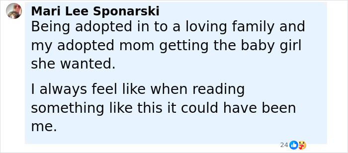 Comment expressing feelings about adoption and relating to a story of a newborn found stuffed in closet.