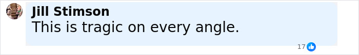 Comment by Jill Stimson expressing that the situation is tragic on every angle accompanied by 17 likes.