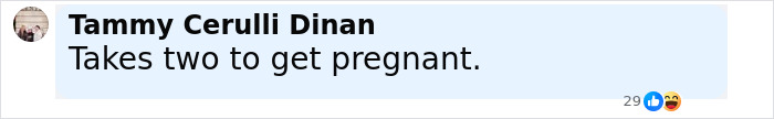 Screenshot of a social media comment by Tammy Cerulli Dinan saying Takes two to get pregnant.