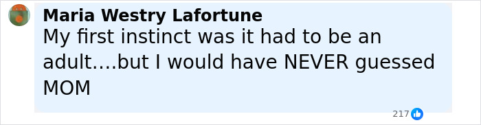 Comment from Maria Westry Lafortune expressing surprise that the obsessed mom was the culprit behind catfish tormenting teen girl and boyfriend.