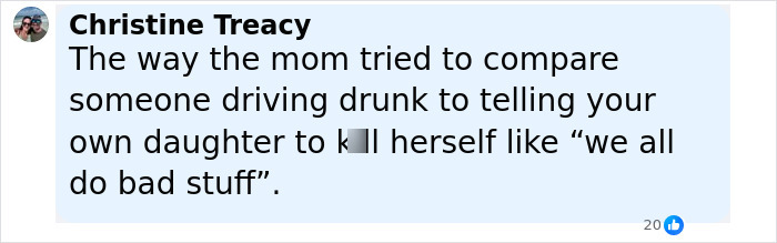 Screenshot of a social media comment discussing a mom's harmful behavior toward her teen girl amid a catfish situation.