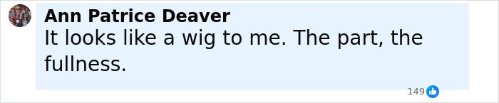 Facebook comment by Ann Patrice Deaver saying it looks like a wig due to the part and fullness, related to Kate Middleton blonde hair. Facebook comment by Ann Patrice Deaver saying it looks like a wig due to the part and fullness, related to Kate Middleton blonde hair.