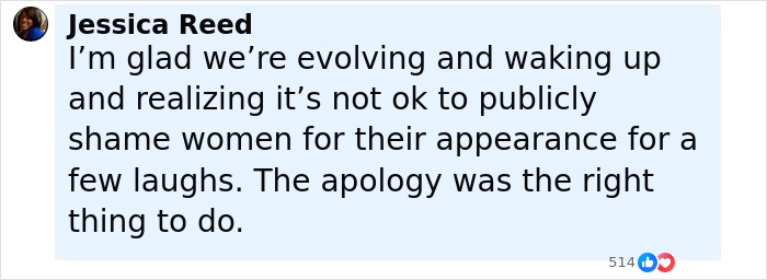 Jessica Reed commenting on public shaming of plus-size dancers and supporting the apology after backlash.