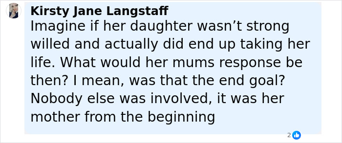 Comment by Kirsty Jane Langstaff expressing concern over a mom anonymously sending lewd texts to her daughter. Comment by Kirsty Jane Langstaff expressing concern over a mom anonymously sending lewd texts to her daughter.