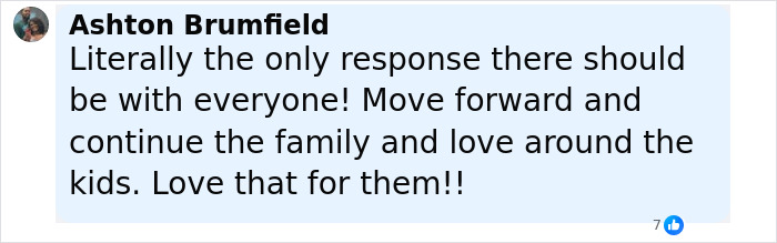 Comment by Ashton Brumfield expressing support for family and love around kids after breakup news of Orlando Bloom and Katy Perry.