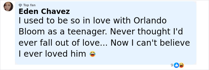 Comment by Eden Chavez expressing past love for Orlando Bloom, reacting to news about his breakup with Katy Perry.
