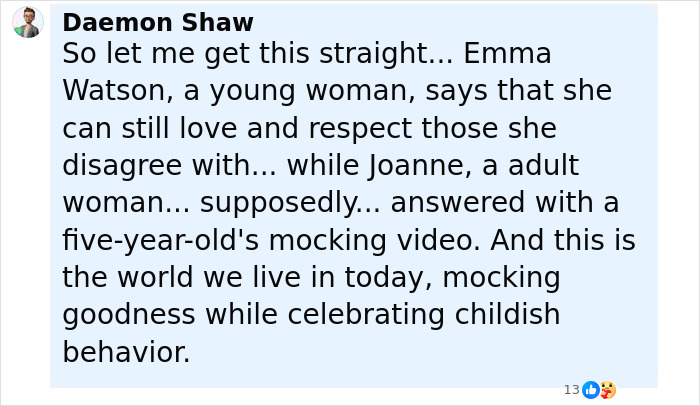 Screenshot of a social media post discussing J.K. Rowling's brutal response to Emma Watson, calling her crocodile and more. Screenshot of a social media post discussing J.K. Rowling's brutal response to Emma Watson, calling her crocodile and more.