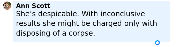 Comment by Ann Scott about inconclusive autopsy findings and potential charges related to disposing of a corpse in a case involving a newborn.