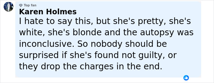 Facebook comment by Karen Holmes discussing autopsy findings and potential legal outcomes in case of newborn found in cheerleader's closet.